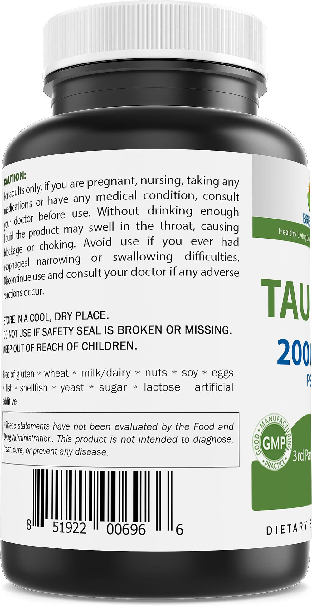 Brieofood Taurine bottle packaging on shelf reflects USA GMP quality