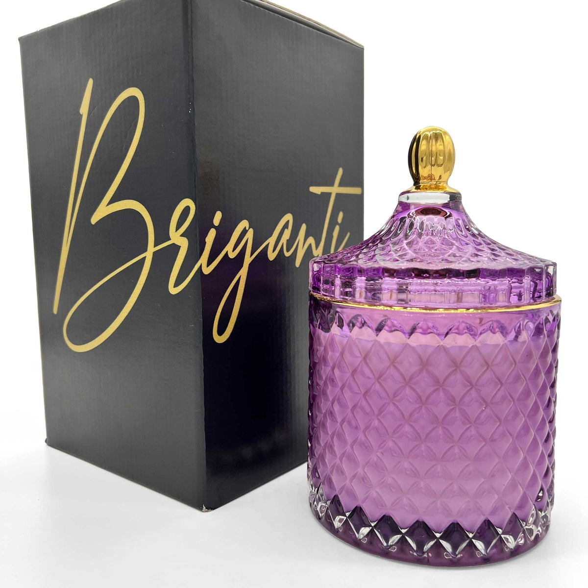 BRIGANTI Lavish Lavender candle in a violet glass jar with a gold rim for elegant home decor