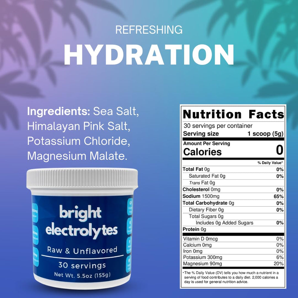 Bright Electrolytes ingredients on label: sea salt, Himalayan pink salt for balanced minerals.