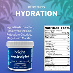 Bright Electrolytes ingredients on label: sea salt, Himalayan pink salt for balanced minerals.