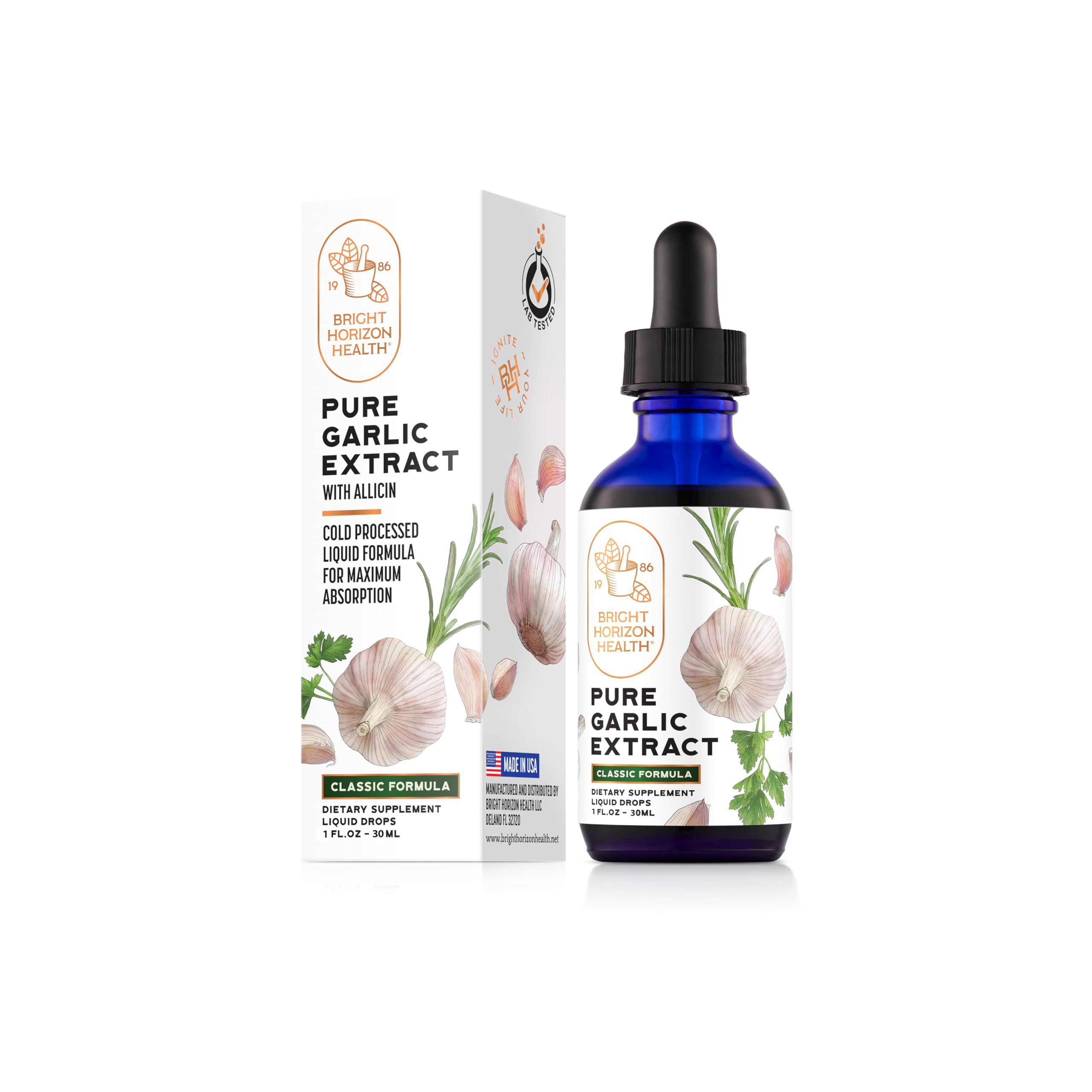 Bright Horizon Health garlic extract bottle with cold-processed liquid for daily use.