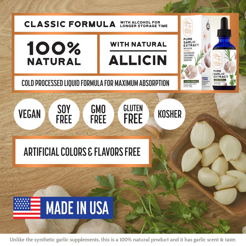 Bright Horizon Health Pure Garlic Extract front bottle emphasizes clean, simple ingredients.