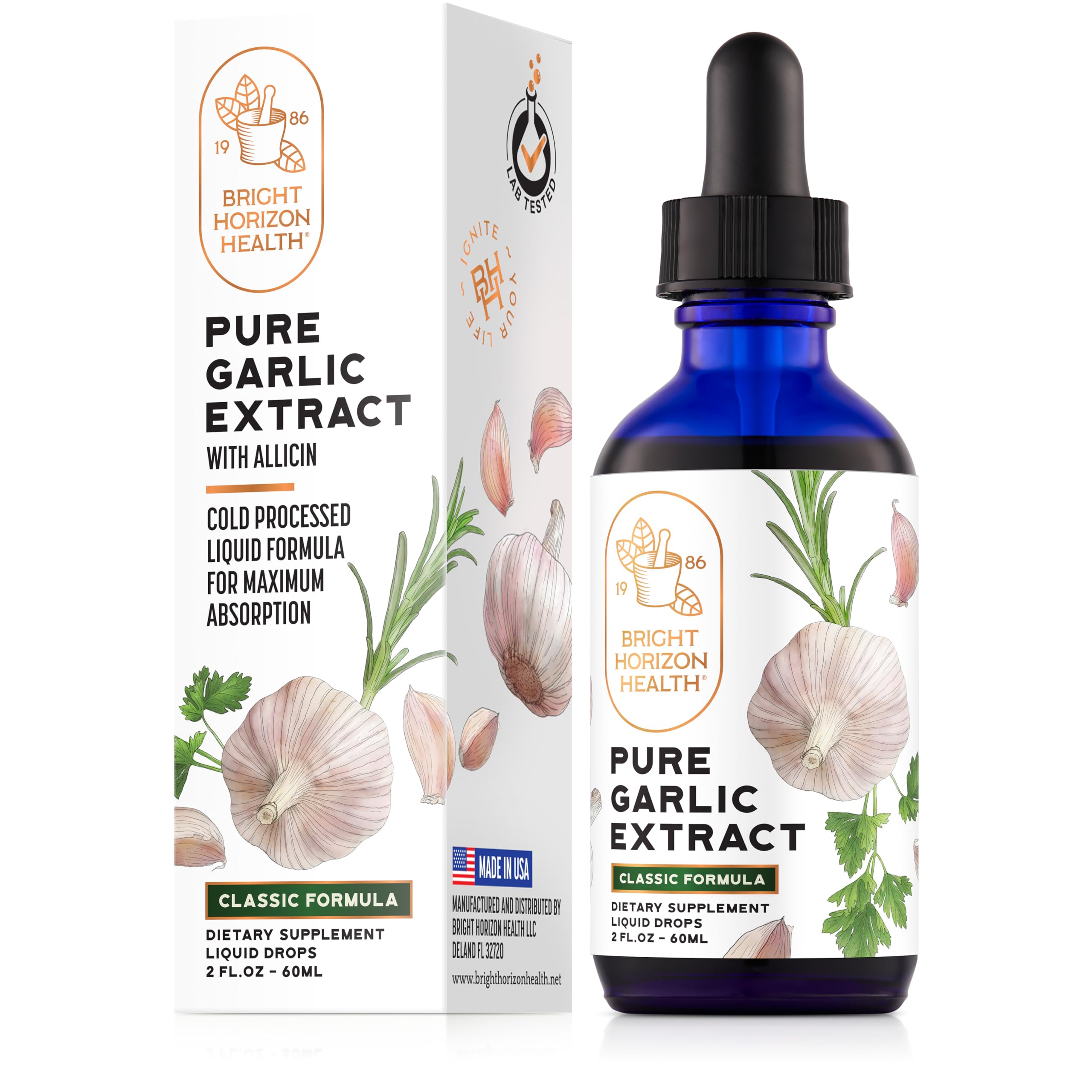 Bright Horizon Health Pure Garlic Extract label shows traditional formula for daily use.