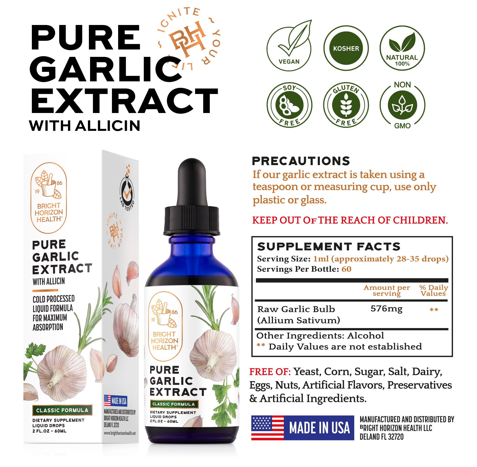 Bright Horizon Health Pure Garlic Extract USA-made badge indicates trusted quality.
