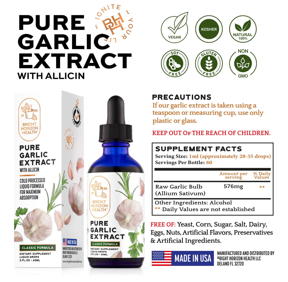Bright Horizon Health Pure Garlic Extract USA-made badge indicates trusted quality.