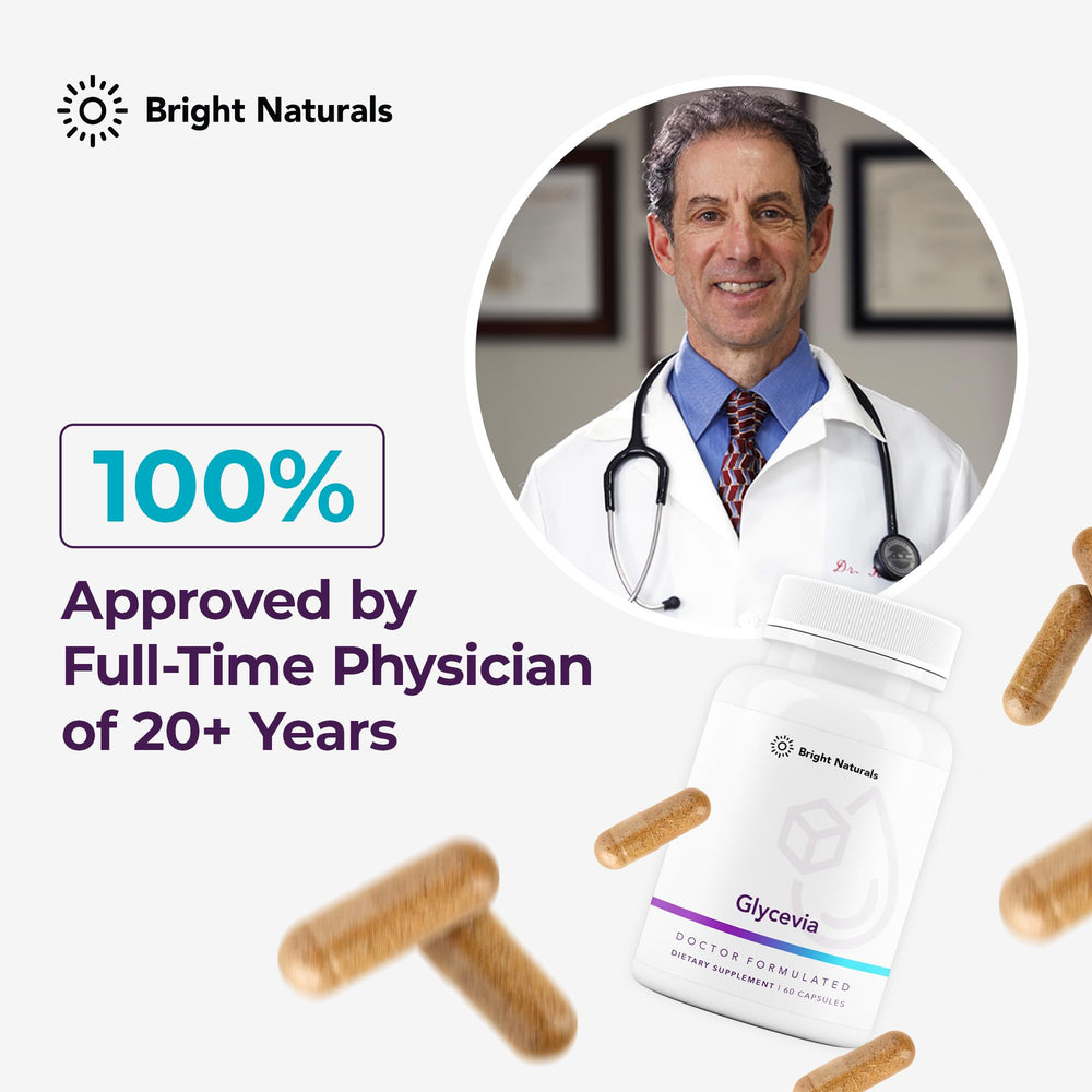 Bright Naturals Glycevia glass with water ready for daily regimen.