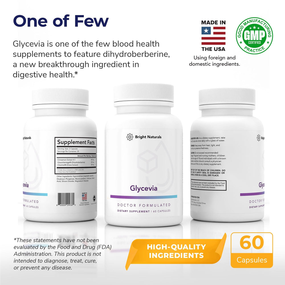 Glycevia pills closeup highlighting dihydroberberine and cinnamon for balance.