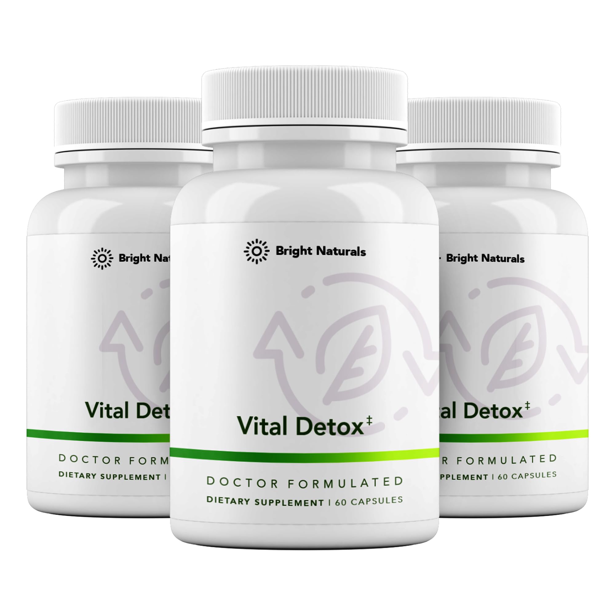 Bright Naturals Vital Detox bottle close-up highlighting enzyme-focused formula for daily support.