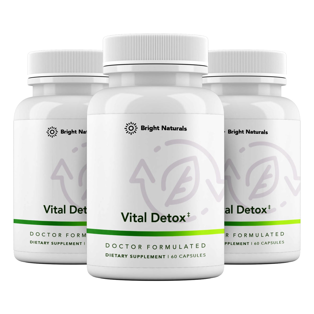 Bright Naturals Vital Detox bottle close-up highlighting enzyme-focused formula for daily support.