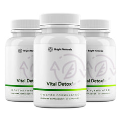 Bright Naturals Vital Detox bottle close-up highlighting enzyme-focused formula for daily support.