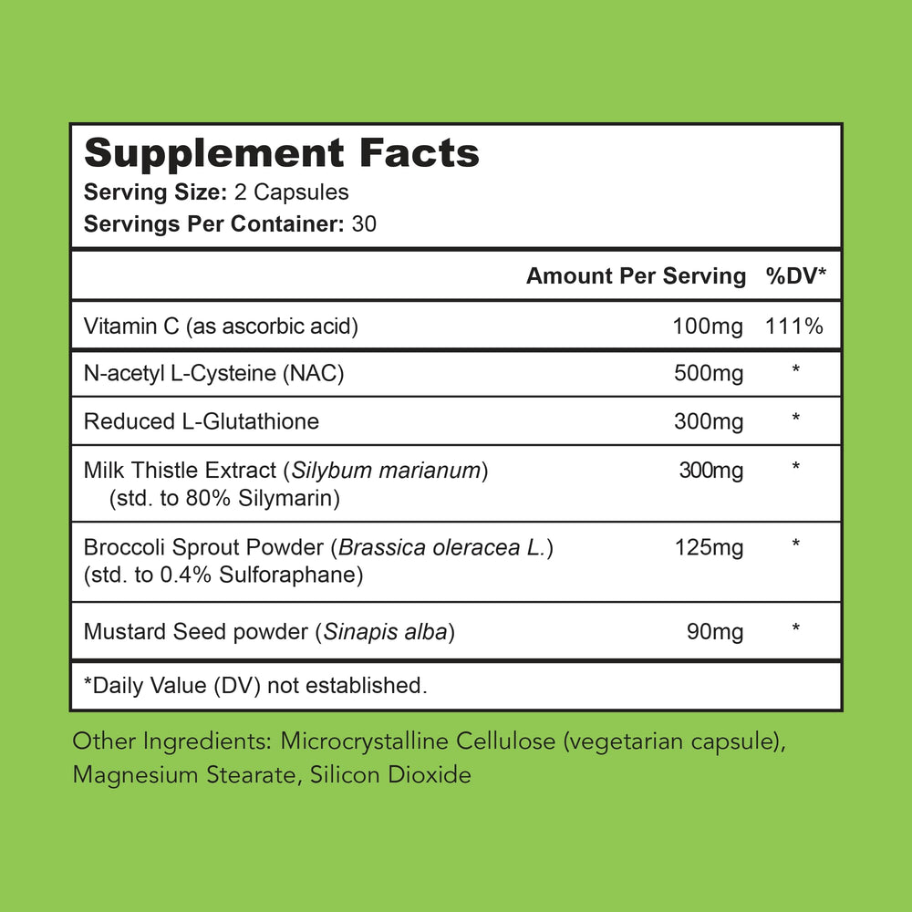 Vital Detox bottle label shows NAC and milk thistle ingredients for liver support.