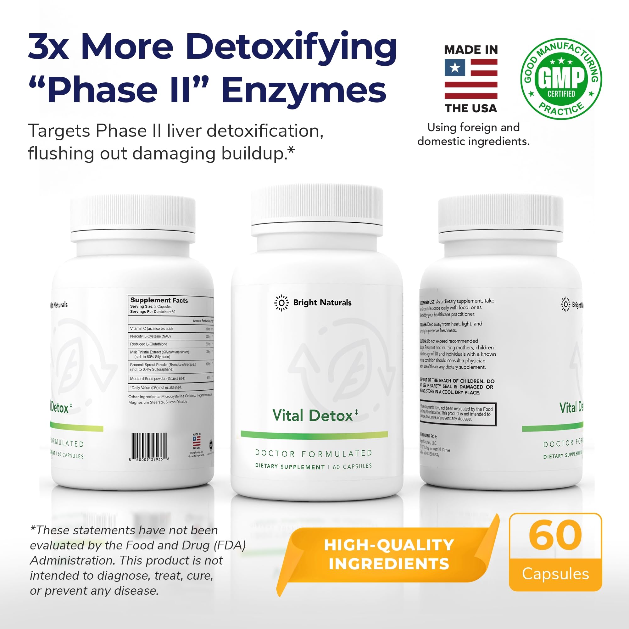 Tablets dispensed from Bright Naturals Vital Detox bottle during use.