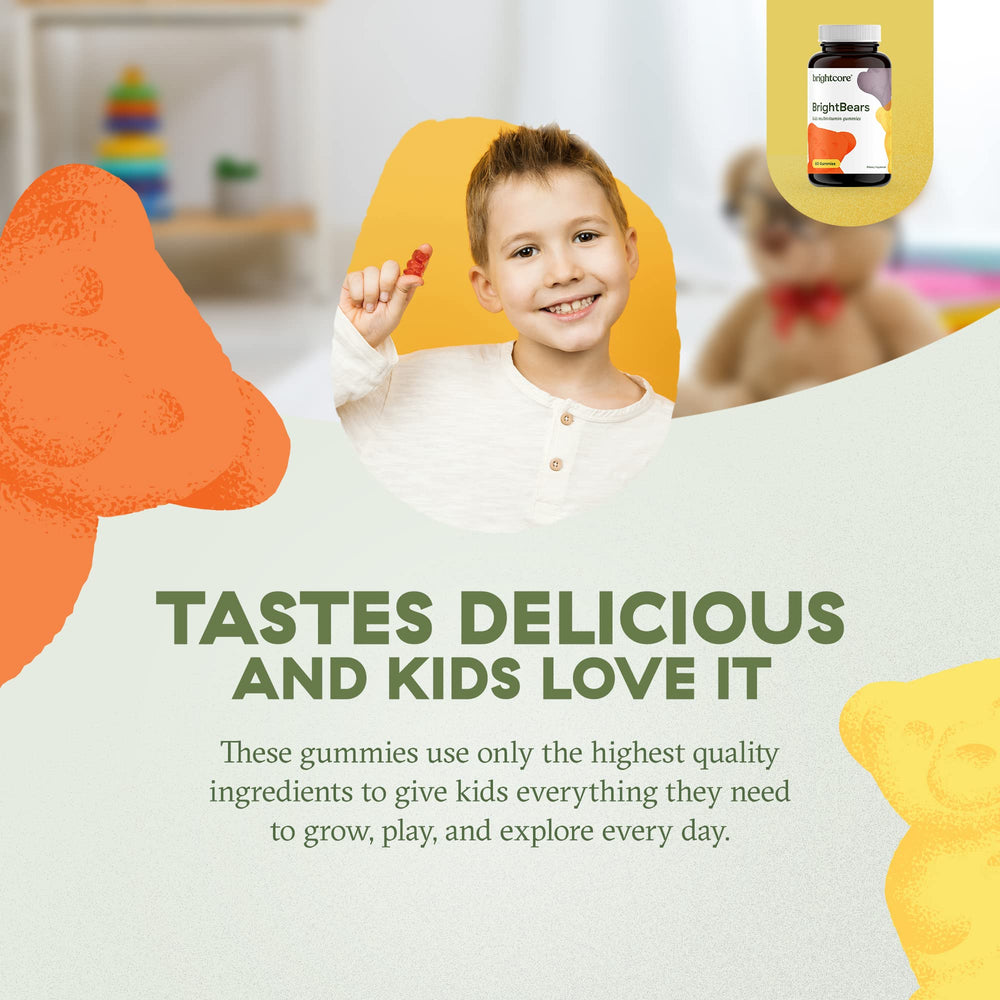 Brightcore BrightBears gummies closeup highlights soft texture and fruity flavor.