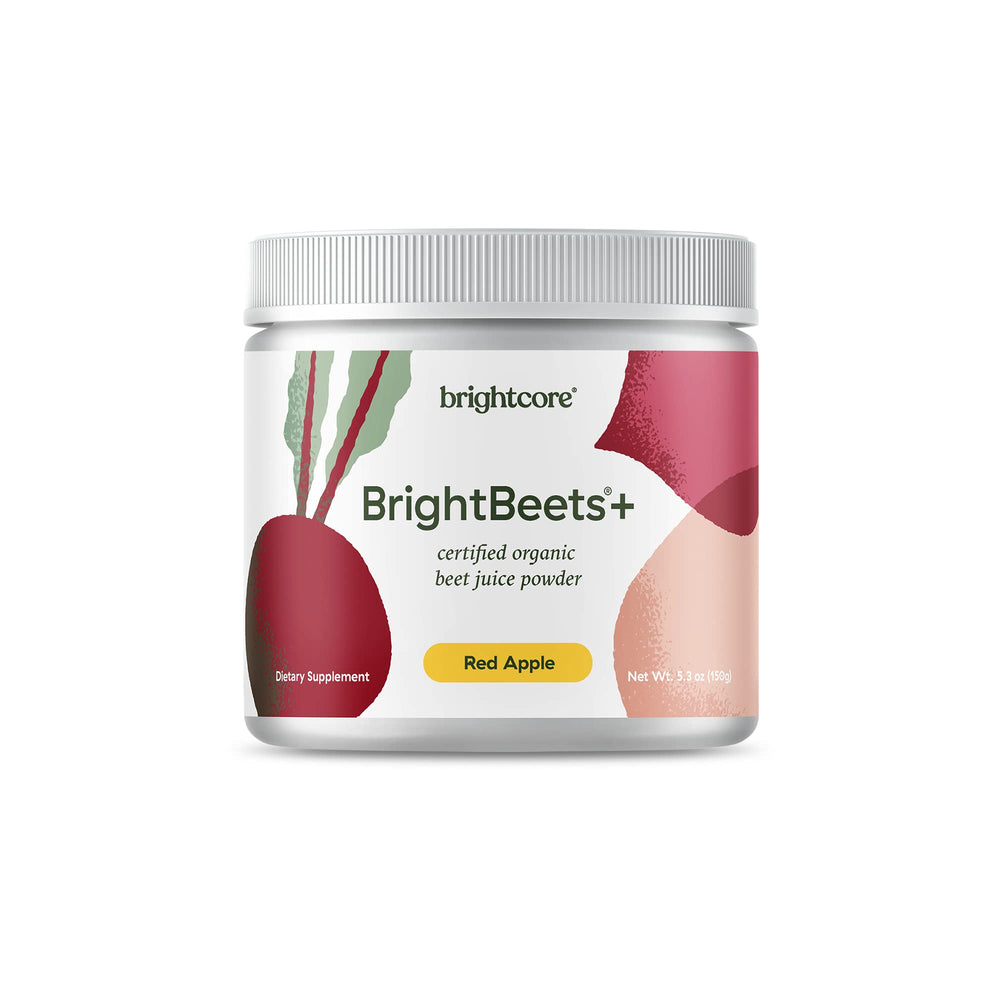 Brightcore BrightBeets beet powder jar label shows red apple flavor for daily energy support.
