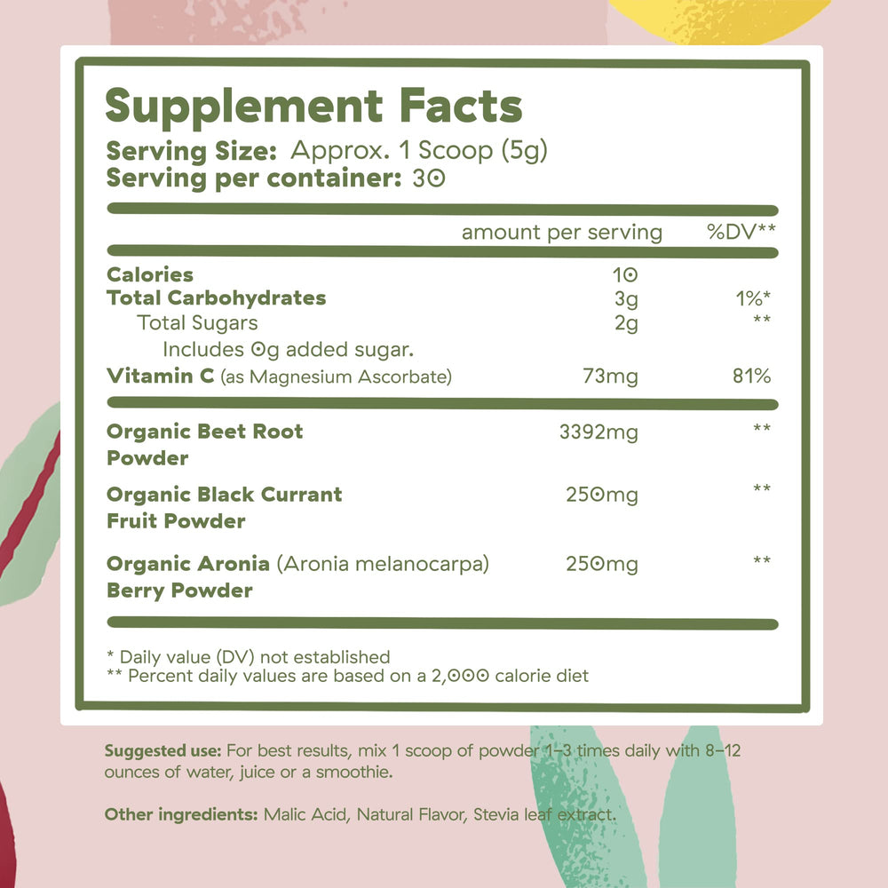 Brightcore BrightBeets beet powder mixed in water, vibrant color and natural flavor.