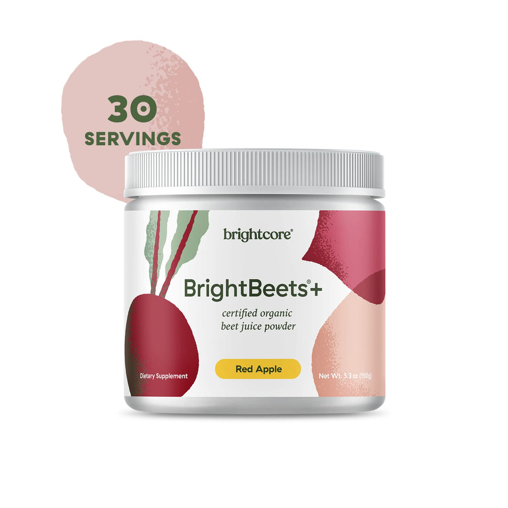 Brightcore BrightBeets packaging box highlights gluten-free, dairy-free, non-GMO formula.