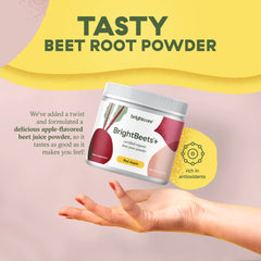 Brightcore BrightBeets beet powder in a smoothie glass, convenient nutrition add-on.