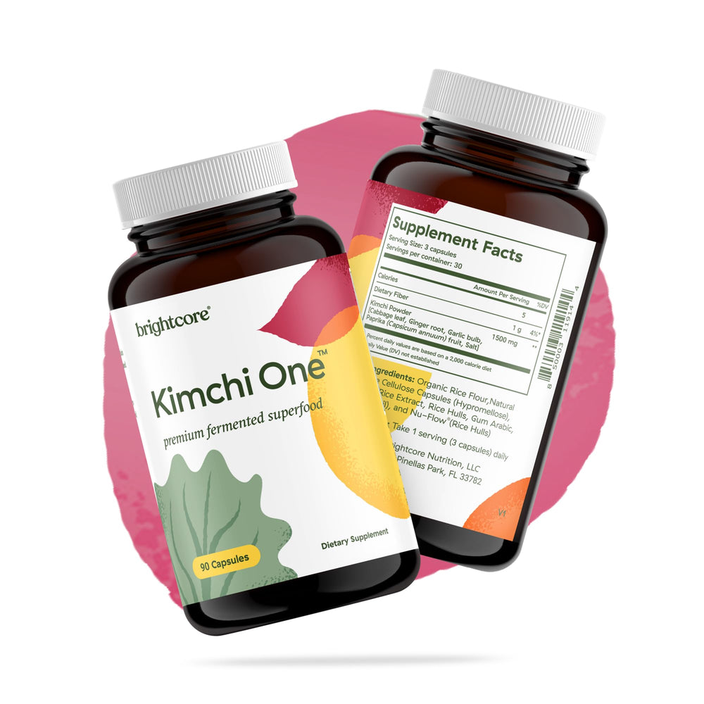 Brightcore Kimchi One bottle beside fermented foods suggesting probiotic benefits