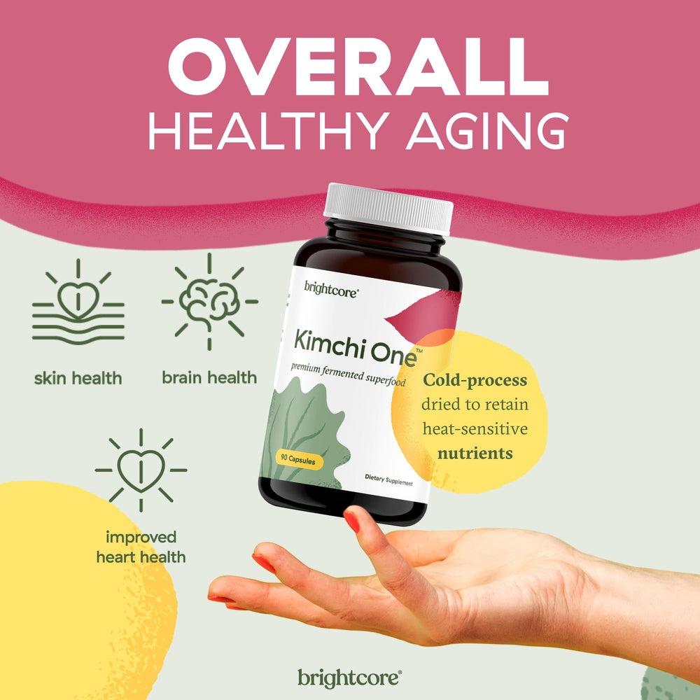 Brightcore Kimchi One with a glass of water for convenient daily supplementation