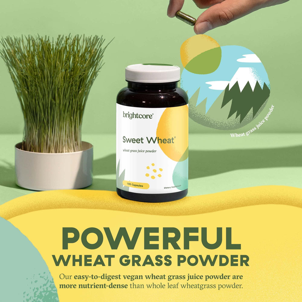 Brightcore Nutrition Sweet Wheat ingredients spread featuring wheatgrass and vitamins