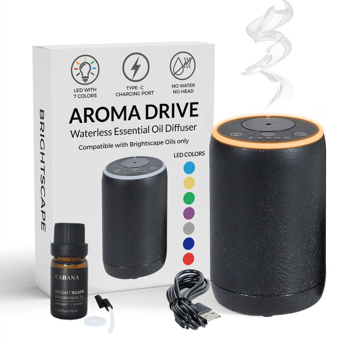 Brightscape waterless diffuser with textured black finish for mess-free aromatherapy anywhere