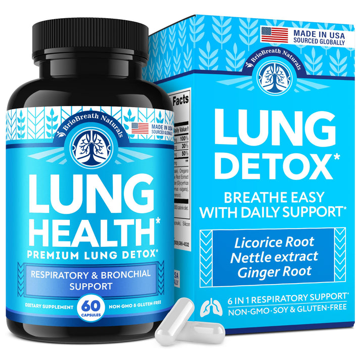 BRIOBREATH NATURALS lung support capsules bottle on table promoting daily respiratory wellness
