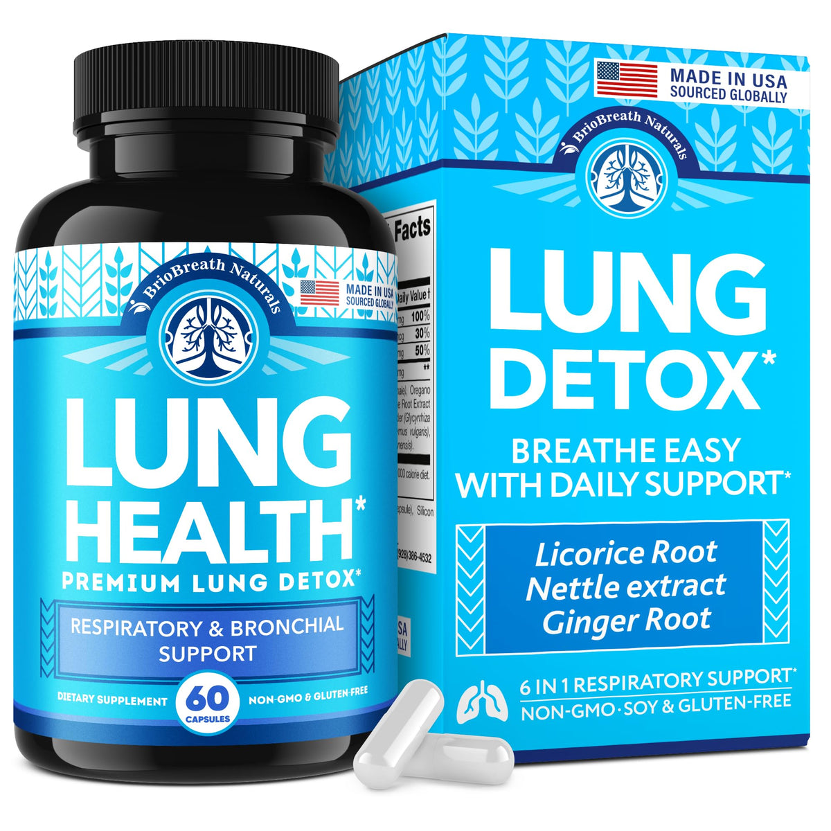 BRIOBREATH NATURALS lung support capsules bottle on table promoting daily respiratory wellness