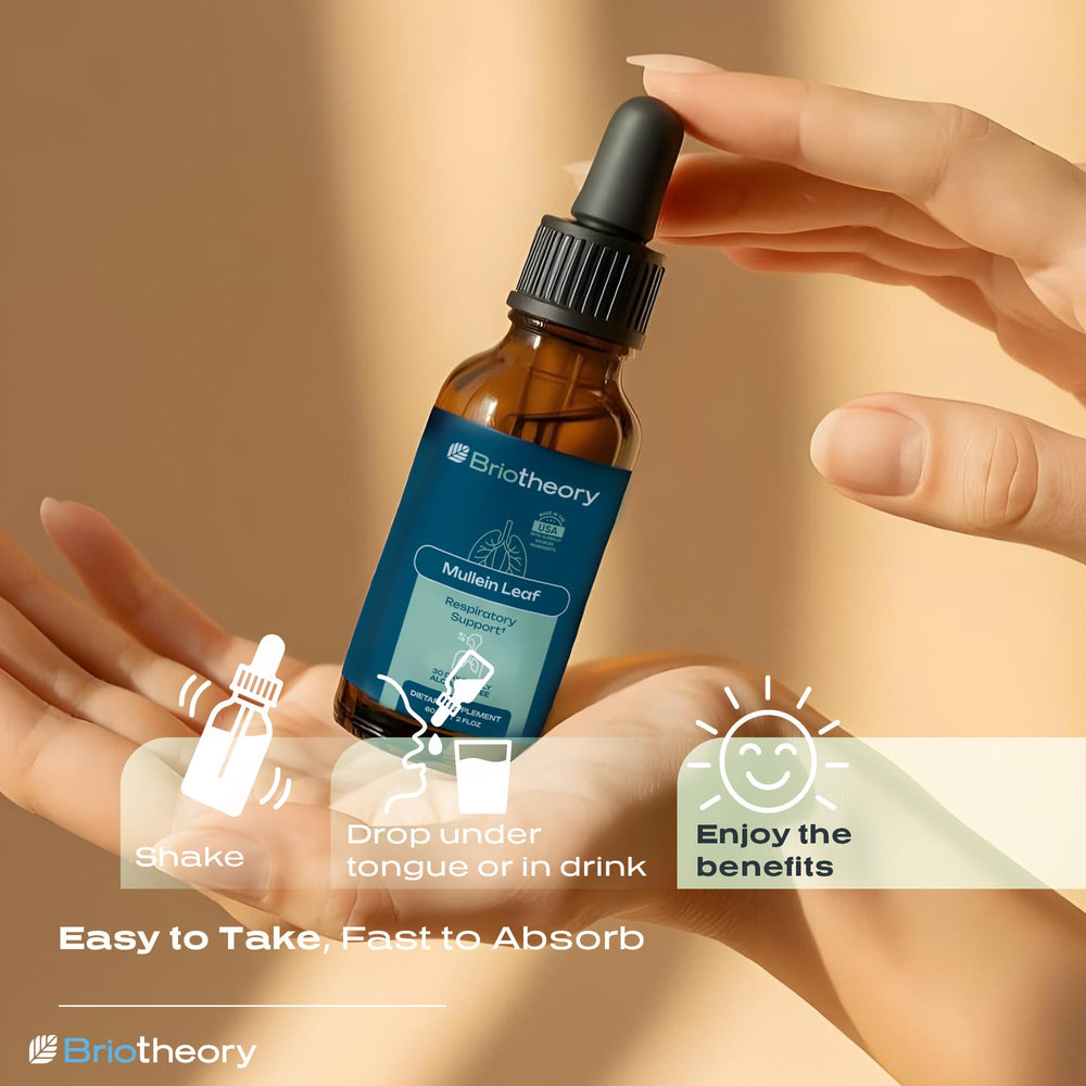 BRIOTHEORY Mullein Leaf Extract dropper enables easy daily dosing in water or tea