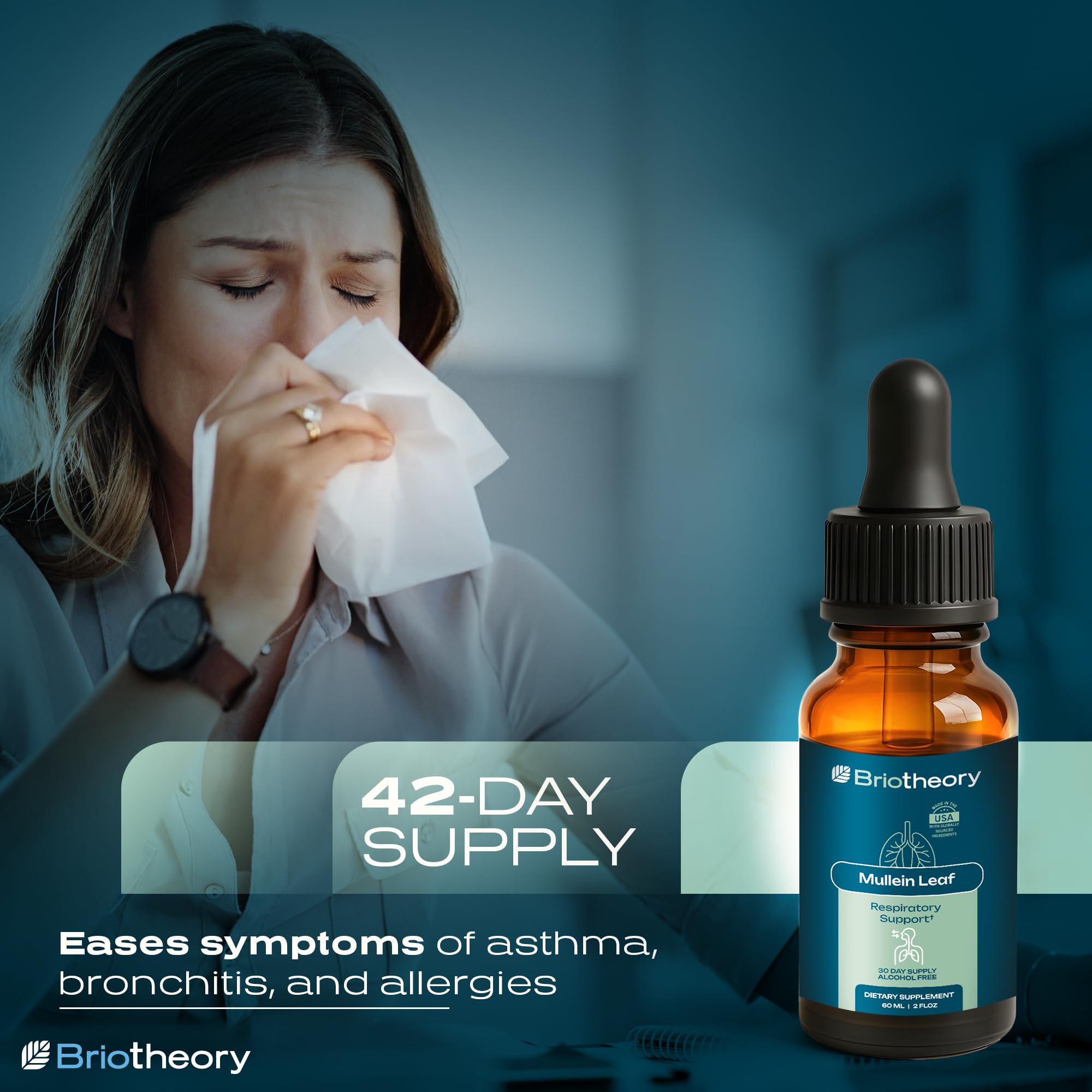 BRIOTHEORY Mullein Leaf Extract label highlights vegan, non-GMO, and alcohol-free formula