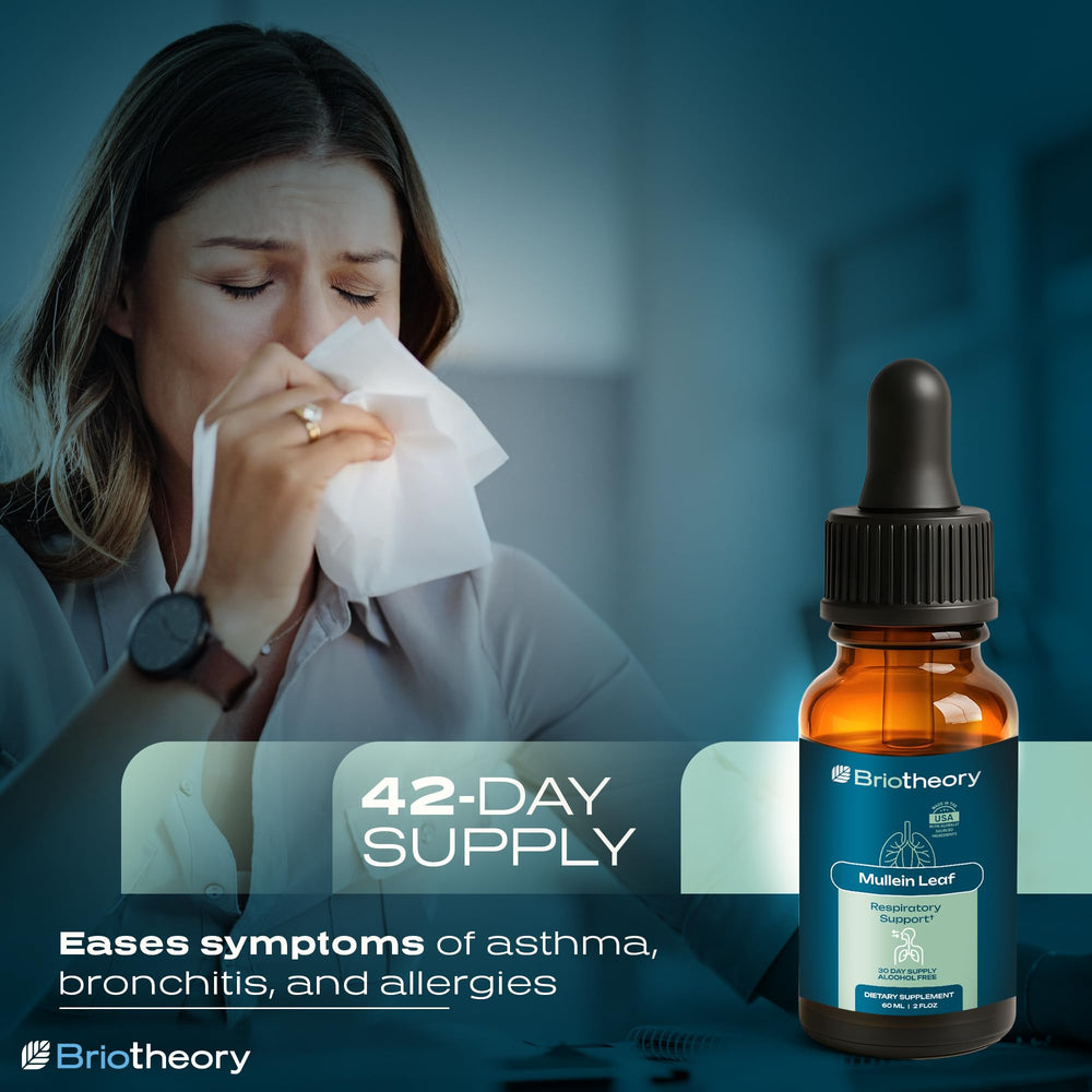 BRIOTHEORY Mullein Leaf Extract label highlights vegan, non-GMO, and alcohol-free formula