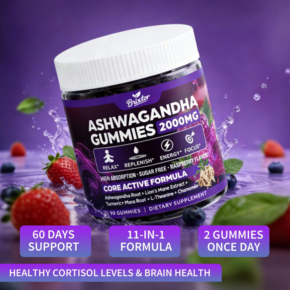 Brixxlor Ashwagandha Gummies berry flavor servings in a tray