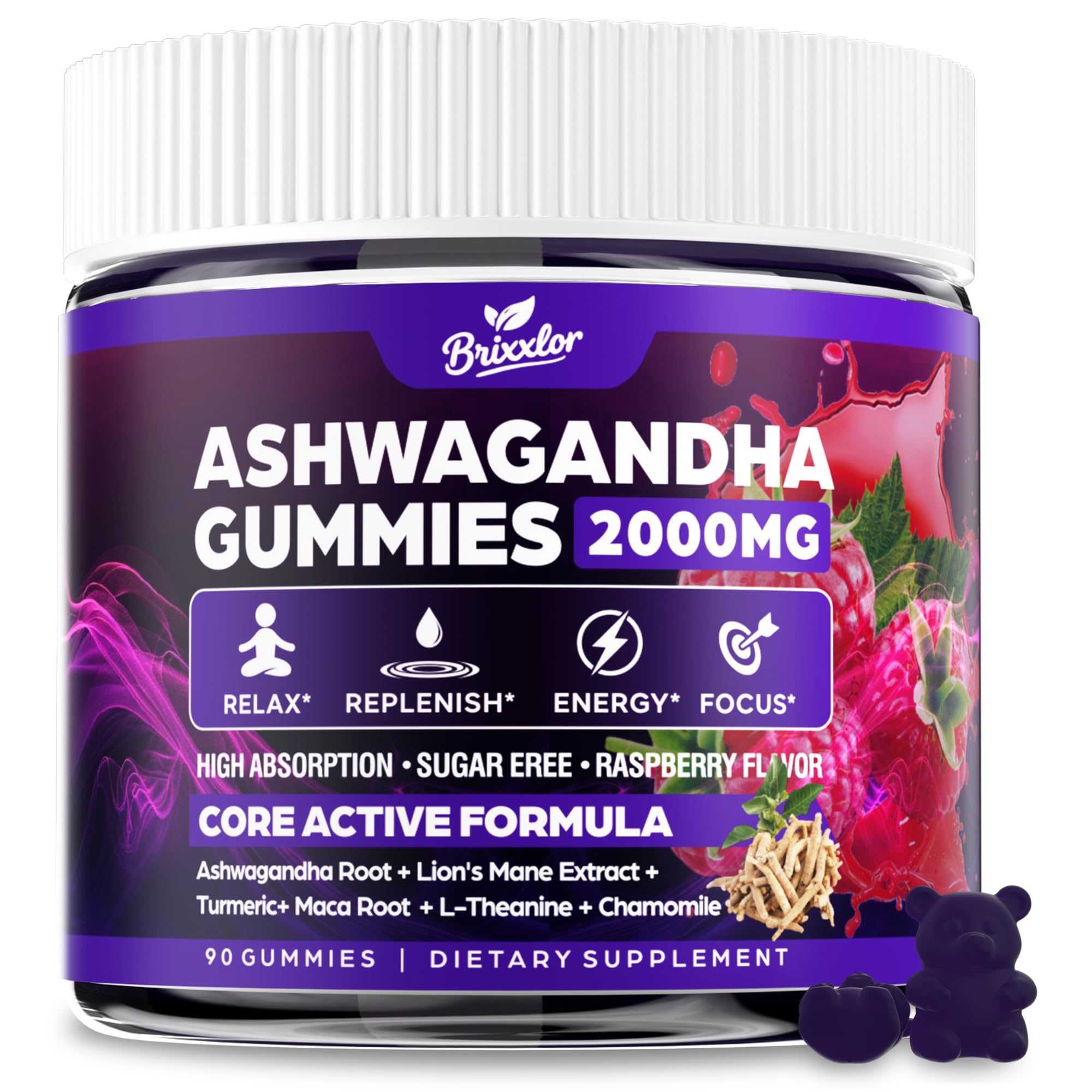 Brixxlor Ashwagandha Gummies bottle front showing vegan berry formula for daily calm