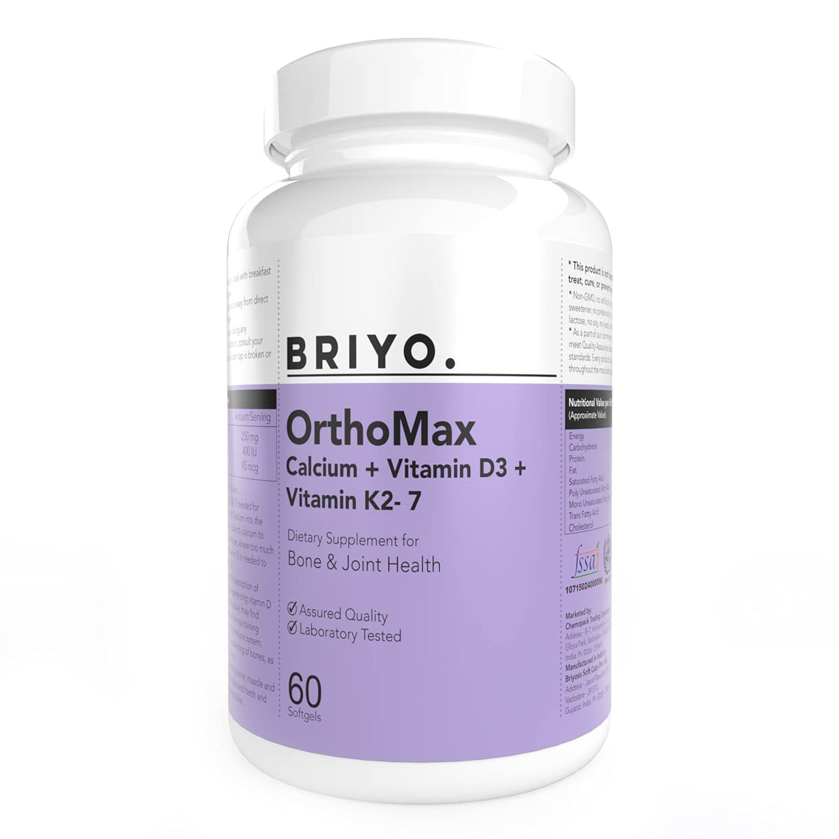 Briyosis Orthomax bottle front displays the vitamin blend for daily nutrient support.