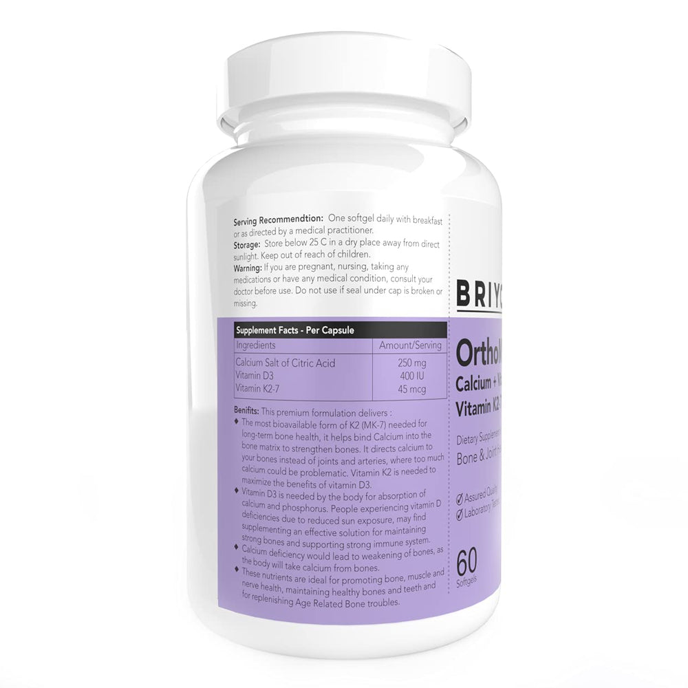 Briyosis Orthomax bottle side showcases capsules designed for easy daily intake.