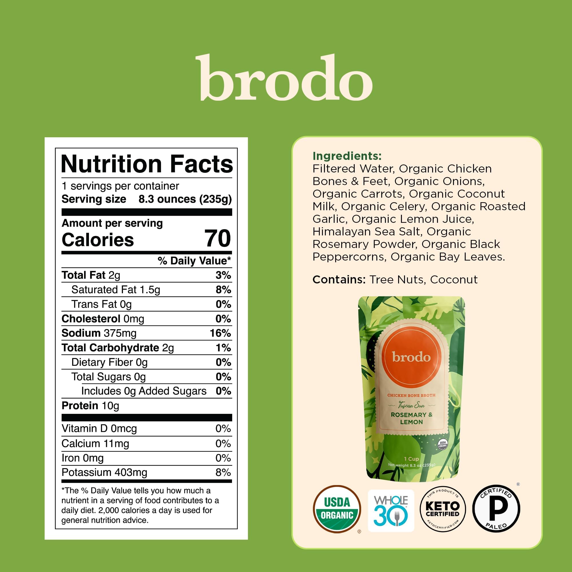 Brodo Chicken Bone broth in a mug, ideal for sipping or as a soup base.