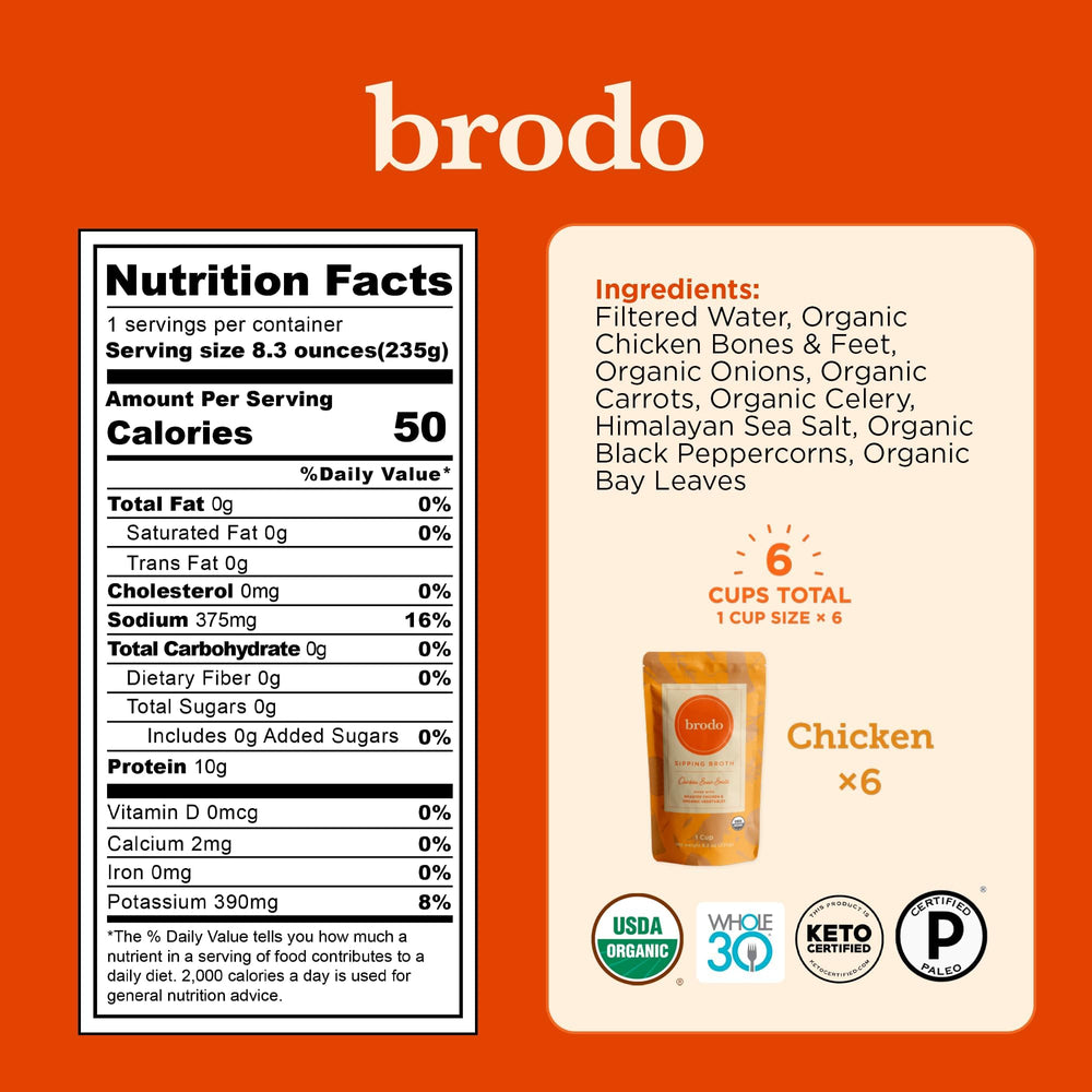 Brodo chicken collagen bone broth on-the-go pouch, ideal for quick protein boosts.