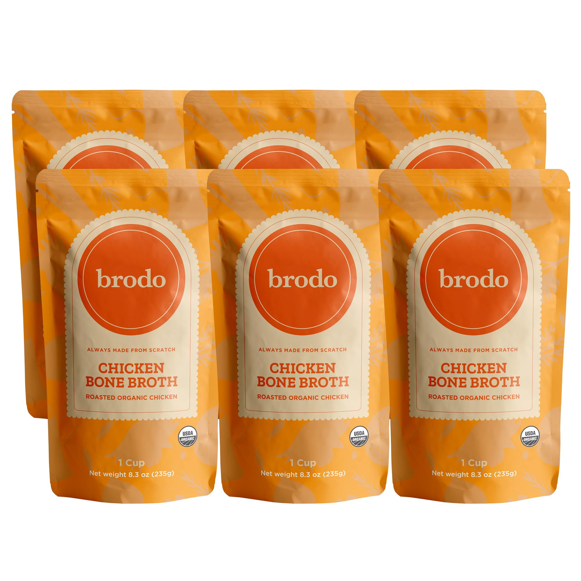 Brodo ready-to-drink organic chicken bone broth pouch, rich in collagen for on-the-go sipping.