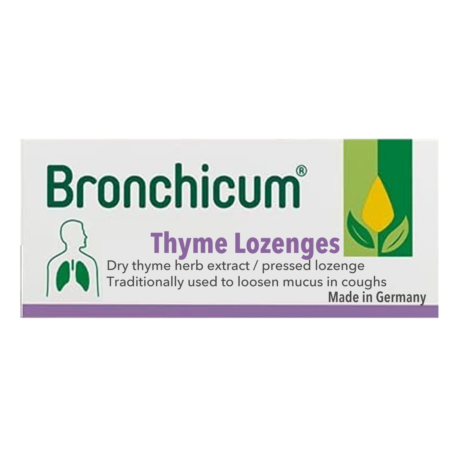 Bronchicum Thymian lozenges packshot showing the product and packaging for on-the-go relief