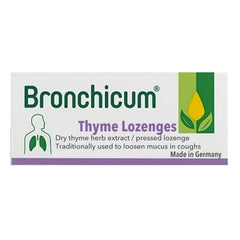 Bronchicum Thymian lozenges packshot showing the product and packaging for on-the-go relief