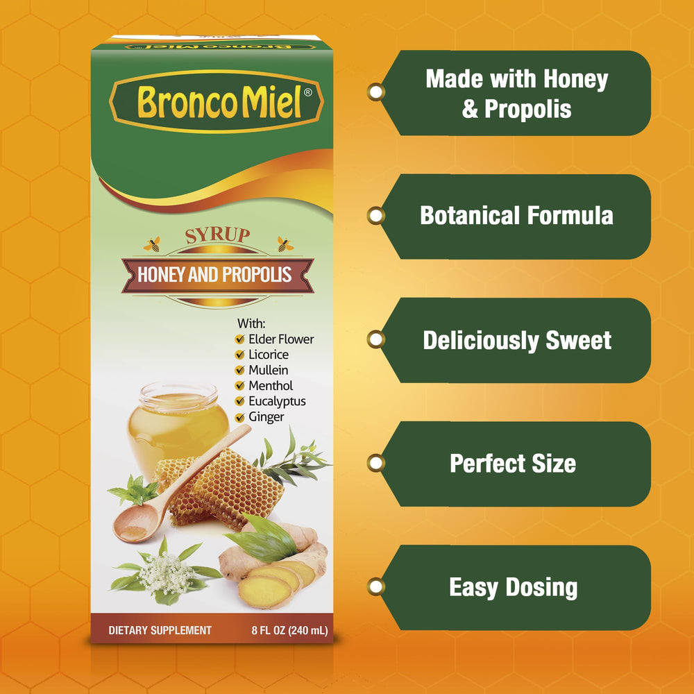 BRONCOMIEL syrup pour highlights smooth honey base for easy daily dosing.