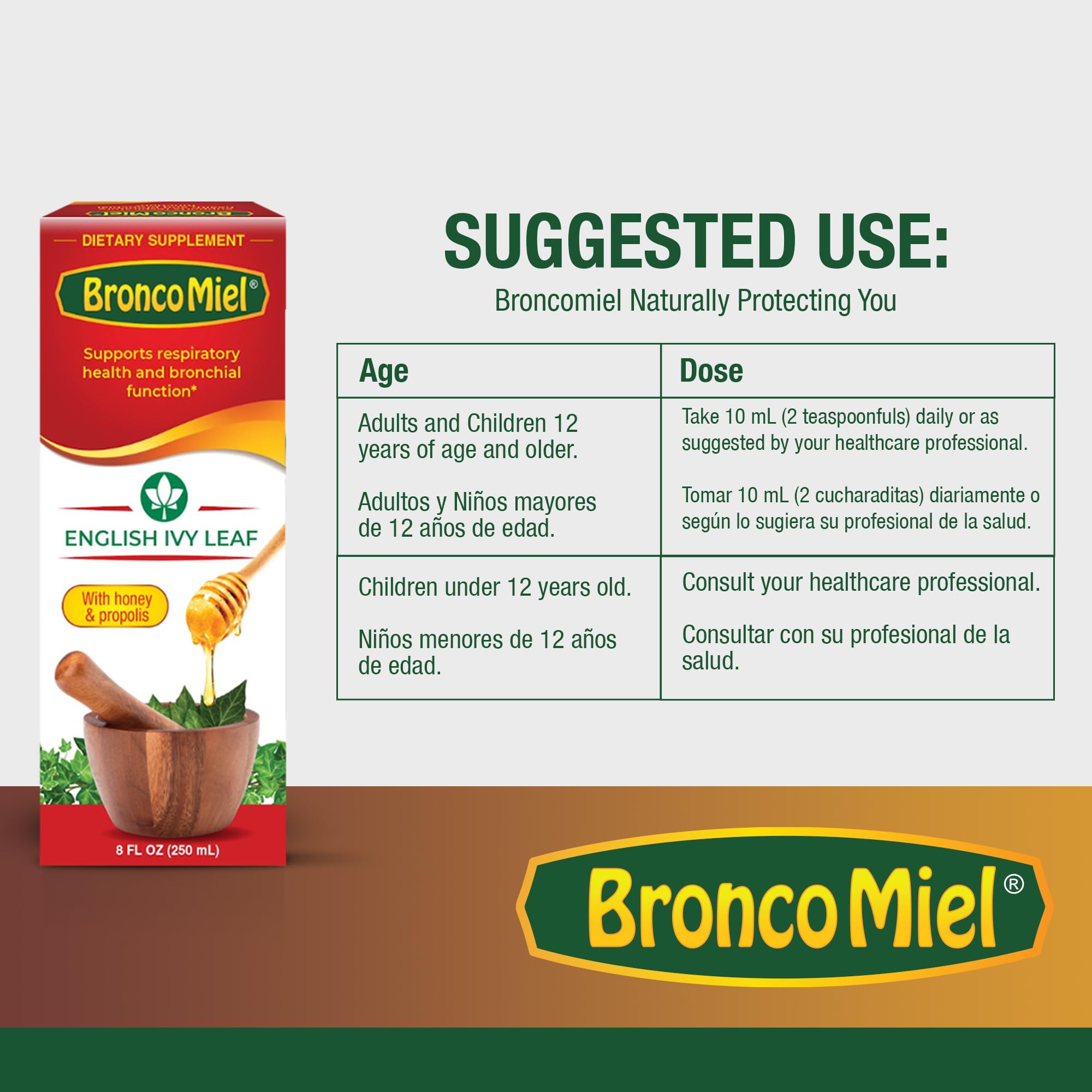 BRONCOMIEL family-use label indicates suitability for adults and ages 12 and up.