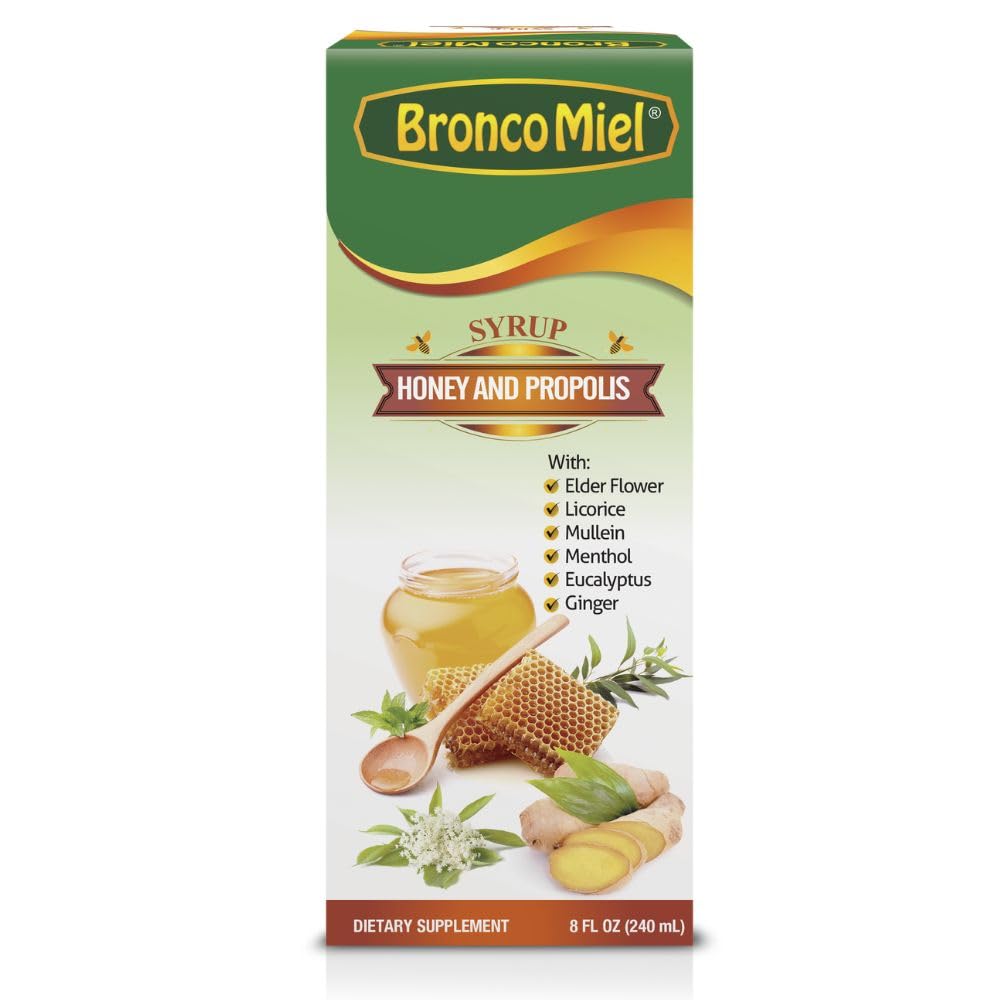 BRONCOMIEL honey propolis elderflower syrup bottle shows natural ingredients for daily immune support.