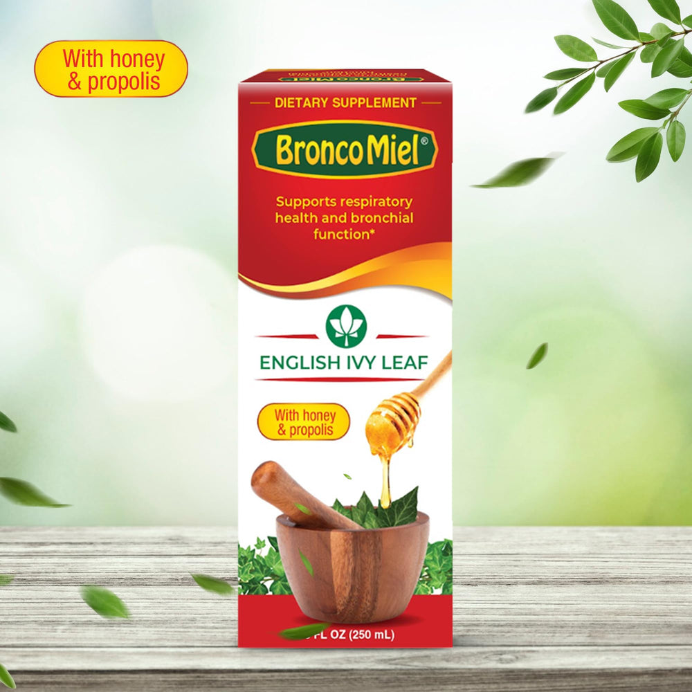 BRONCOMIEL ivy leaf extract illustration signals herbal respiratory support.