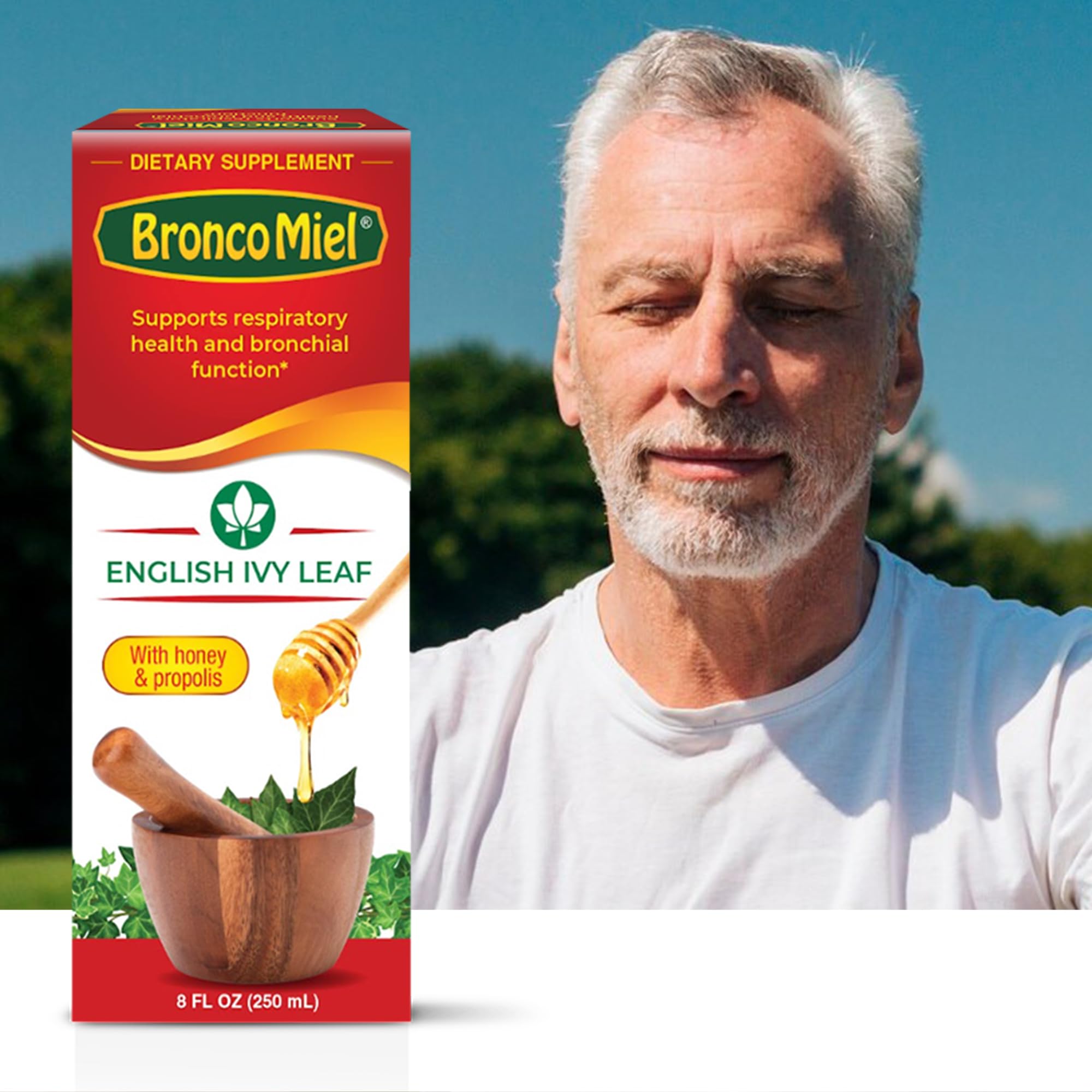 BRONCOMIEL pourable bottle demonstrates easy daily dosing for adults and kids.