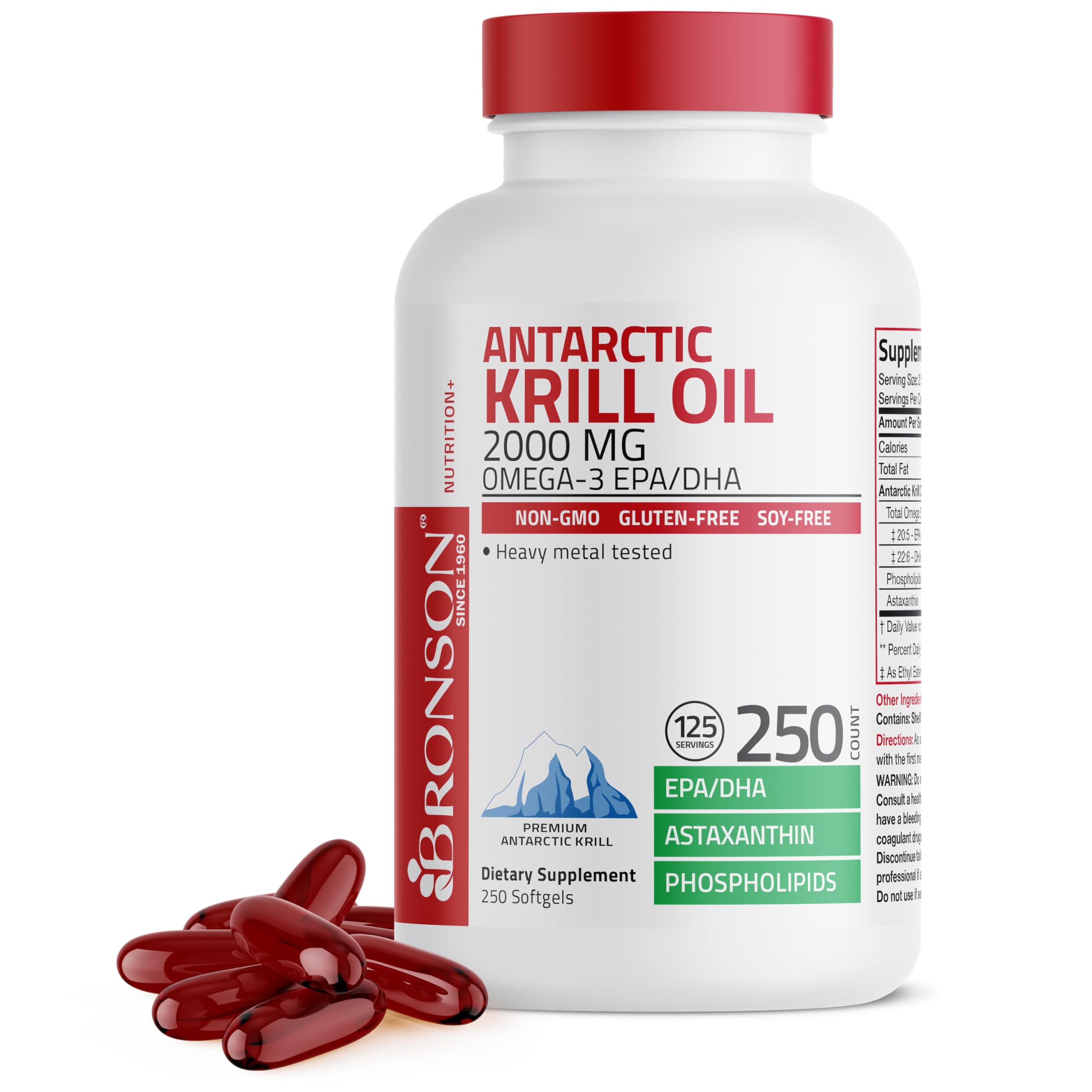 Bronson Antarctic Krill Oil bottle front showing 2000 mg per serving for daily use