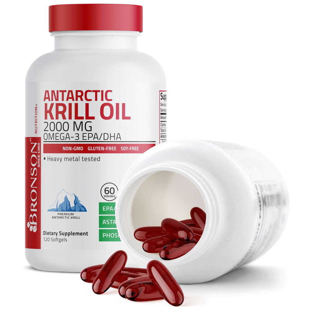Bronson Antarctic Krill Oil astaxanthin close-up underscoring antioxidant content.