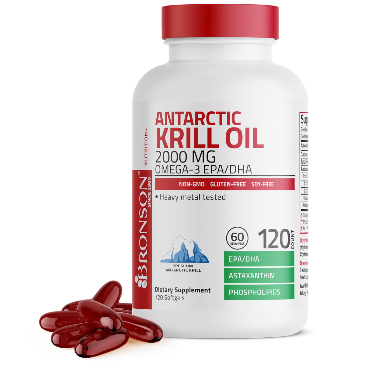 Bronson Antarctic Krill Oil bottle front showing 60 servings for daily support.