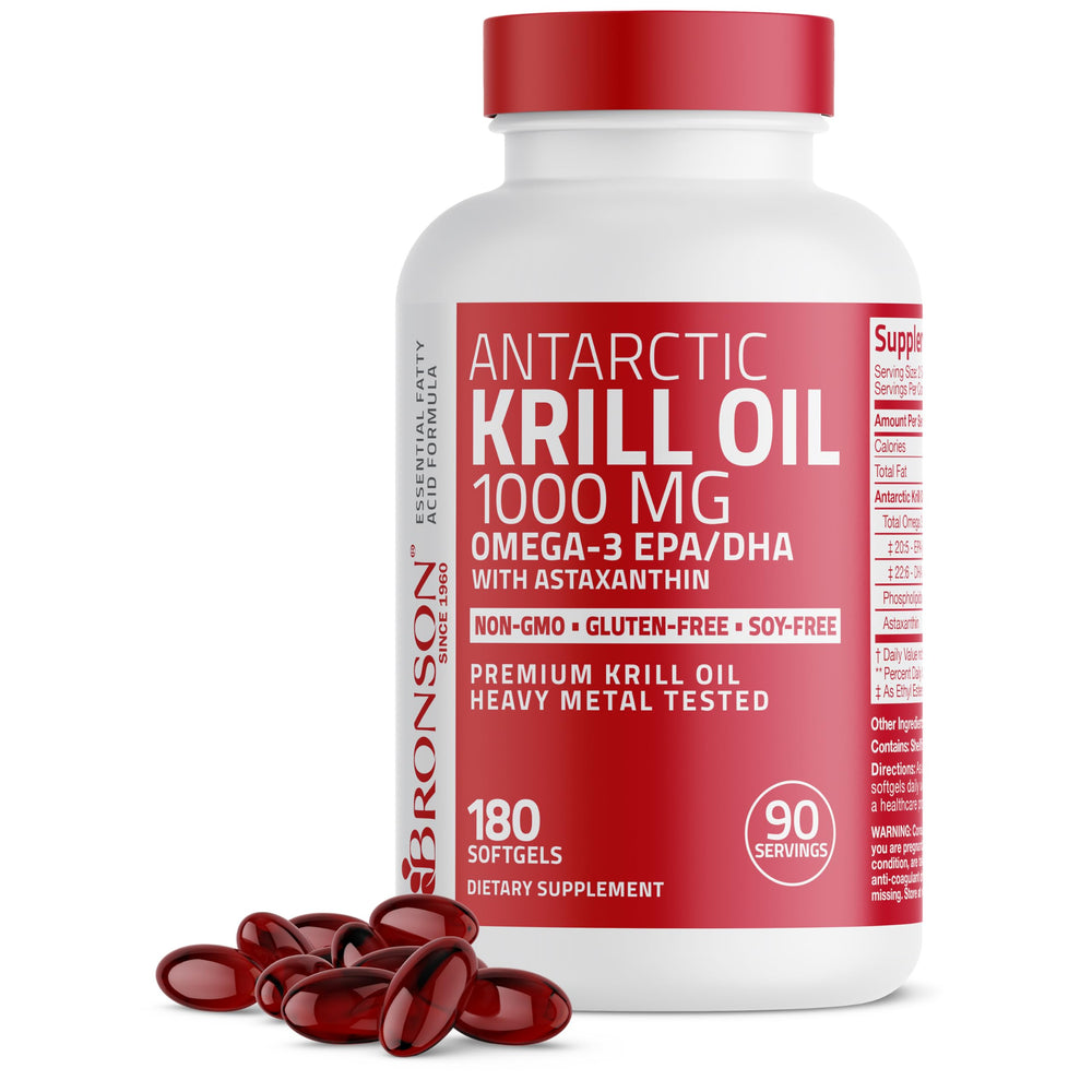 Bronson Antarctic Krill Oil bottle with 1000 mg softgels and omega-3 content