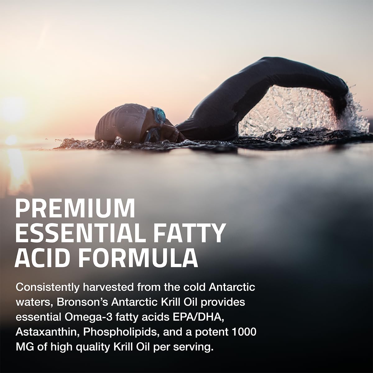 Bronson Antarctic Krill Oil omega-3-phospholipids image emphasizes full-spectrum fatty acids.