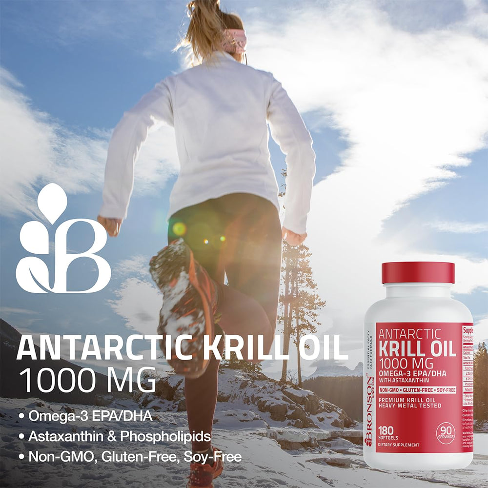 Bronson Antarctic Krill Oil softgels in hand, portable daily supplement option.